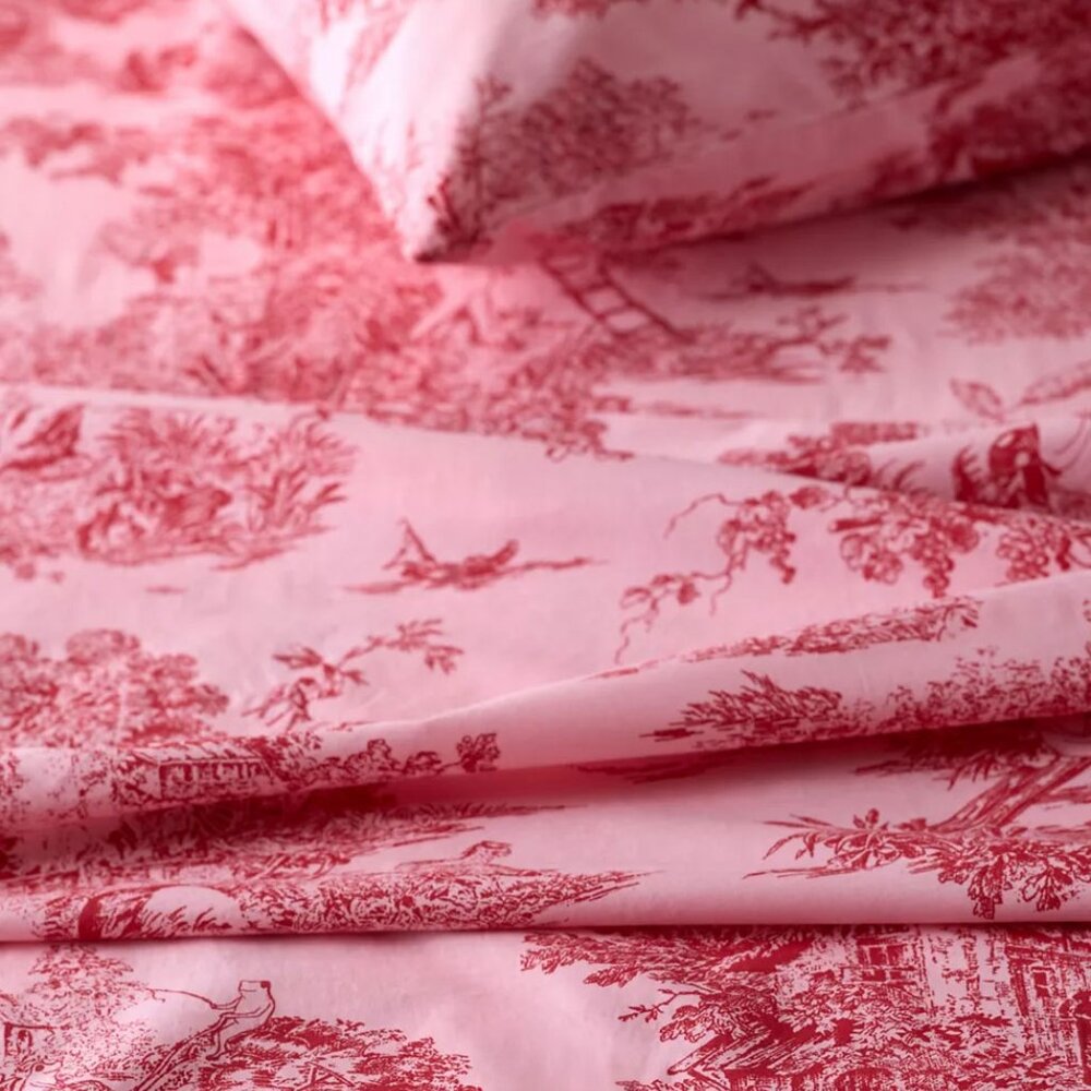 Urban Outfitters Pink & Red Frog Toile Queen Size Sheet Set - Picture 2 of 2